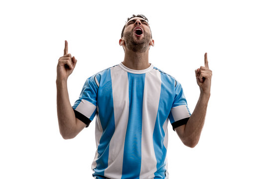Argentina fan celebrating on white background