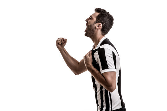 Soccer fan celebrating on white background