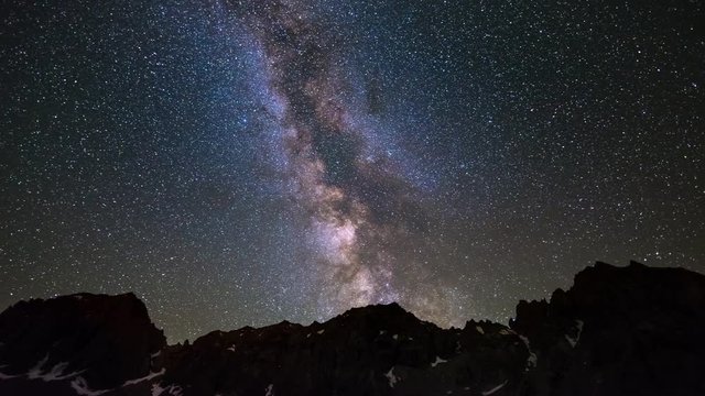Milky way Time Lapse and stars rotating over the majestic Italian French Alps in summertime. 