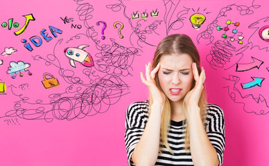 Unhappy woman with many thoughts on a pink background