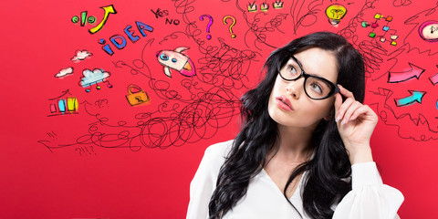 Young woman with many thoughts on a red background