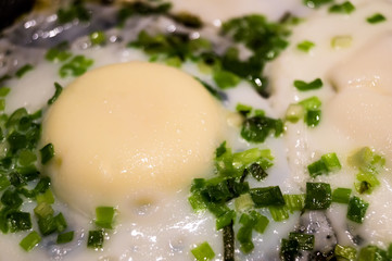 fried eggs in a frying pan close up