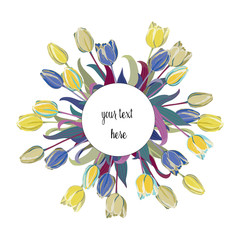Vintage card with various colorful tulips. Vector illustration on white background with place for your text