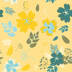 Vintage flowers, berries and leaves seamless pattern. Vector illustration on light yellow background