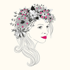Young woman's face with long hair and pink lipstick and beautiful floral wreath with heart leaves. Vector illustration on light yellow background