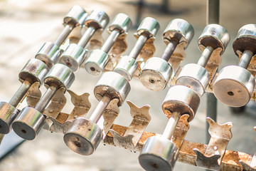 rows of iron dumbbells on rack