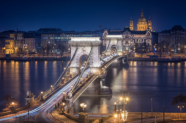 Famous Chain Bridge in Budapest at night