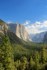 Panoramic view of Half Dome, El Capitan and other mountains in the Yosemite National Park, western Sierra Nevada, California, USA