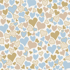 Seamless doodle pattern. Vector background with beige and blue hearts