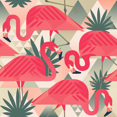 Naklejka premium Egzotyczna plaża modny wzór, ilustrowany patchwork kwiatowy wektor tropikalnych liści bananowca. Jungle różowe flamingi Tapeta mozaika w tle