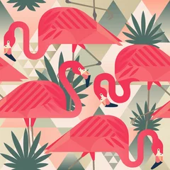 Rolgordijnen Flamingo Exotisch strand trendy naadloos patroon, lappendeken geïllustreerd bloemen vector tropische bananenbladeren. Jungle roze flamingo& 39 s Wallpaper print achtergrond mozaïek