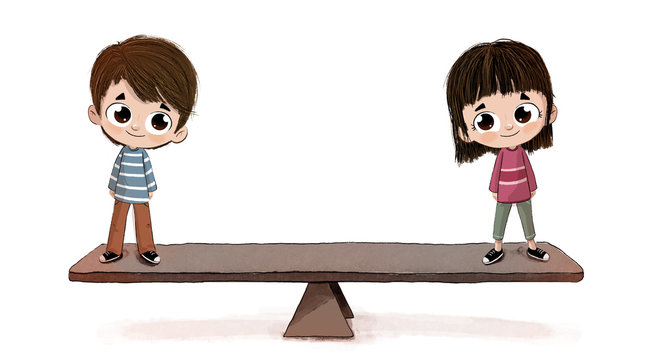 Ni&ntilde;os igualdad sobre una balanza