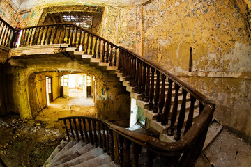The old abandoned farmstead of Faberge is sunlight. Broken glass. Spiral staircase