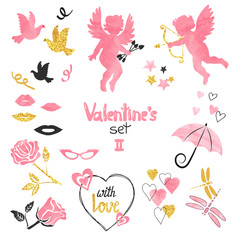 Valentines set. Collection of cupids and romantic elements for greeting card design. Vector illustration