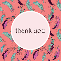 Greeting card with colorful feathers with Thank you note in the round. Vector illustration on pink background