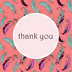 Obraz premium Greeting card with colorful feathers with Thank you note in the round. Vector illustration on pink background