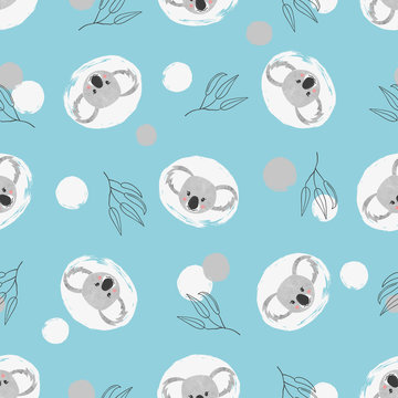 Seamless pattern with cute koala and circles on blue. Vector illustration.