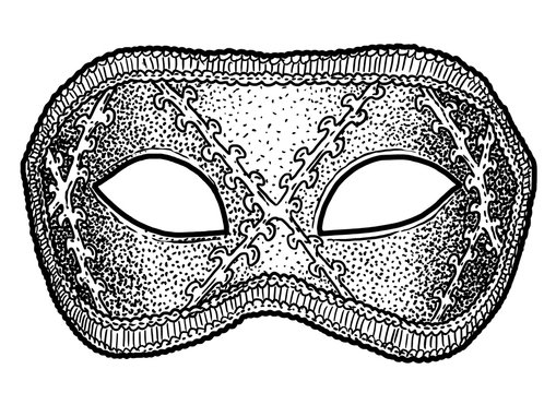 Venetian mask illustration, drawing, engraving, ink, line art, vector