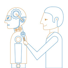 scientist repairing humanoid robot vector illustration design
