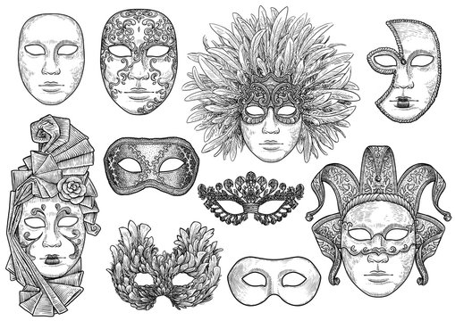 Venetian mask illustration, drawing, engraving, ink, line art, vector