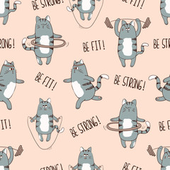 Seamless pattern with cute cartoon cats exercising. Vector fitness background. © Afanasia