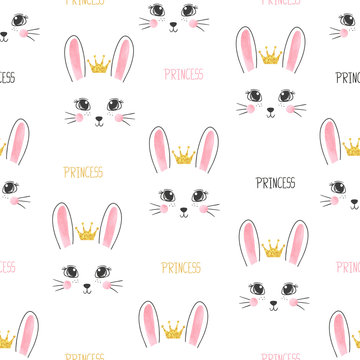 Seamless bunny princess pattern. Vector background for kids design