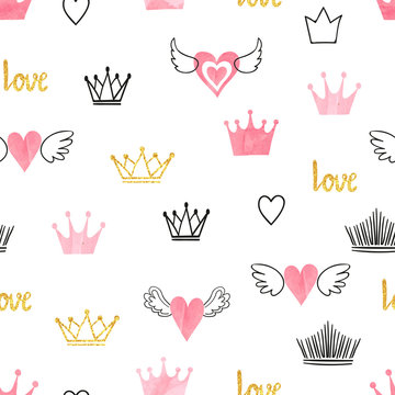 Seamess pattern with doodle crowns and hearts. Vector baby print. Little princess design