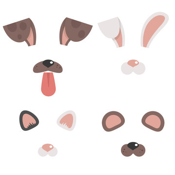 Set of animal masks. Dog, cat, bunny, bear. Face filters for a selfie application. Flat editable vector illustration, clip art