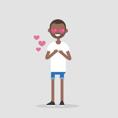 Saint Valentines Day. Cute cartoon black boy with heart-shaped eyes falling in love / Editable flat vector illustration