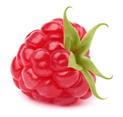 Ripe raspberry with green leaves isolated on white background with clipping path