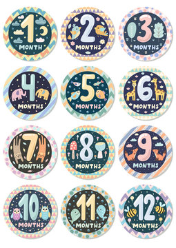 First year baby age stickers set with cute animals. Vector illustration