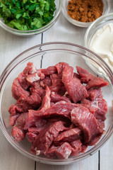 Beef and other ingredients ready to cooking beef Stroganoff