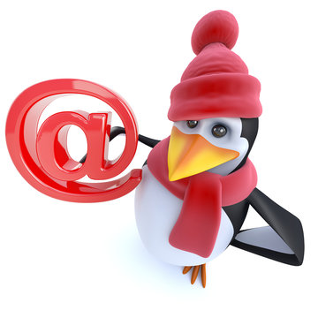 3d Fun caratoon winter penguin holding an email address symbol