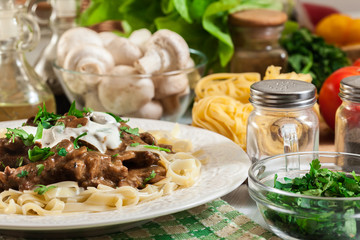 Homemade beef Stroganoff with mushrooms