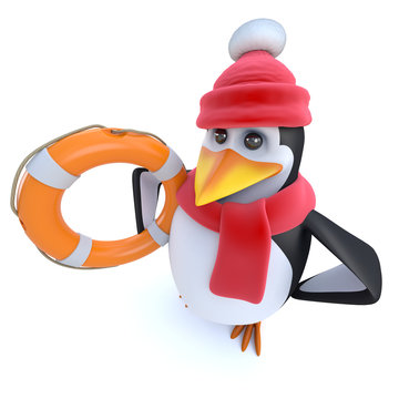 3d Funny cartoon winter penguin holding a life ring bouyancy aid