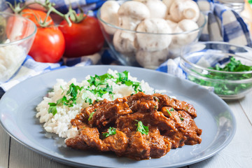 Beef Stroganoff served with rice