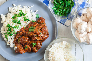 Beef Stroganoff served with rice