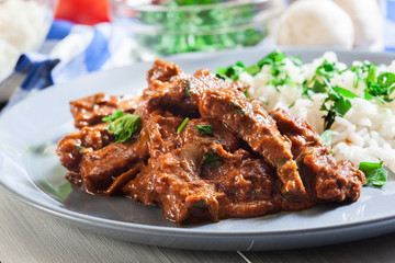 Beef Stroganoff served with rice