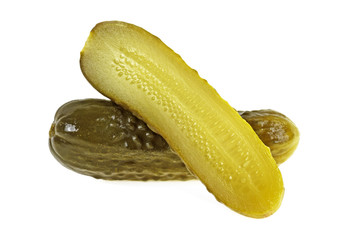 Salted cucumber with slice isolated on a white background