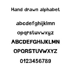 Decorative hand drawn alphabet. Handwritten vector brush font. Modern ABC. Uppercase, lowercase, numbers, punctuation. Greeting card, logo, phrases, invitation, slogan, windows decor