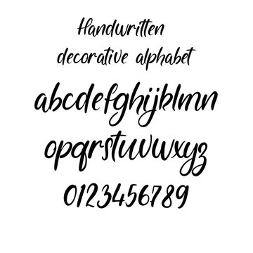 Decorative calligraphic alphabet. Handwritten brush letters. Hand drawn ABC for your Designs: wallpaper, pattern, poster, postcard, logo, wedding invitation. Vector Illustrations.