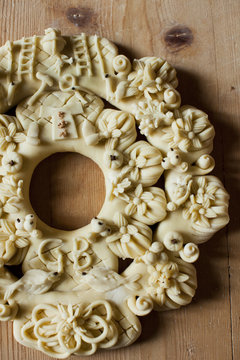 Traditional Bread Wreath with Dough Sculptures in Sicily Italy