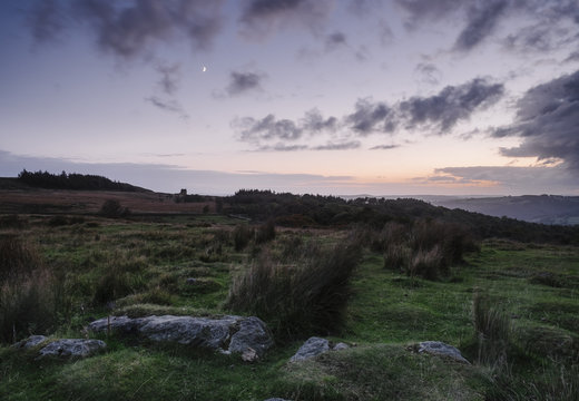Twilight sky over moorland. Derbyshire, UK.
