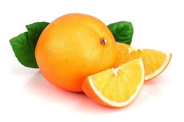 Orange with slice and leaf isolated on the white background