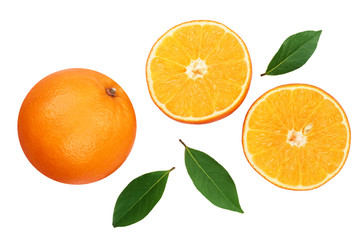 Orange with slice and leaf isolated on the white background. Flat lay pattern. Top view
