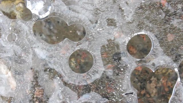 Spring. Melting of ice. Round patches in ice
