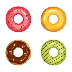 Cartoon glazed sweet donut isolated vector set. Donut dessert with chocolate and sugar illustration for your web design.