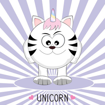 Cute fantasy cat  unicorn. Greeting card. Vector illustration.