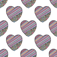 Obraz premium Simple hearts seamless vector pattern. Valentines day background. Flat design endless chaotic texture made of tiny heart silhouettes. Shades of colorful ilustration.
