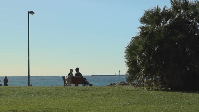 Two boys seen from a distance sitting on a bench in a green park by the sea.